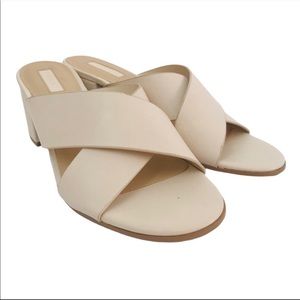 Block Heel Slip On Sandals Criss Cross Ivory